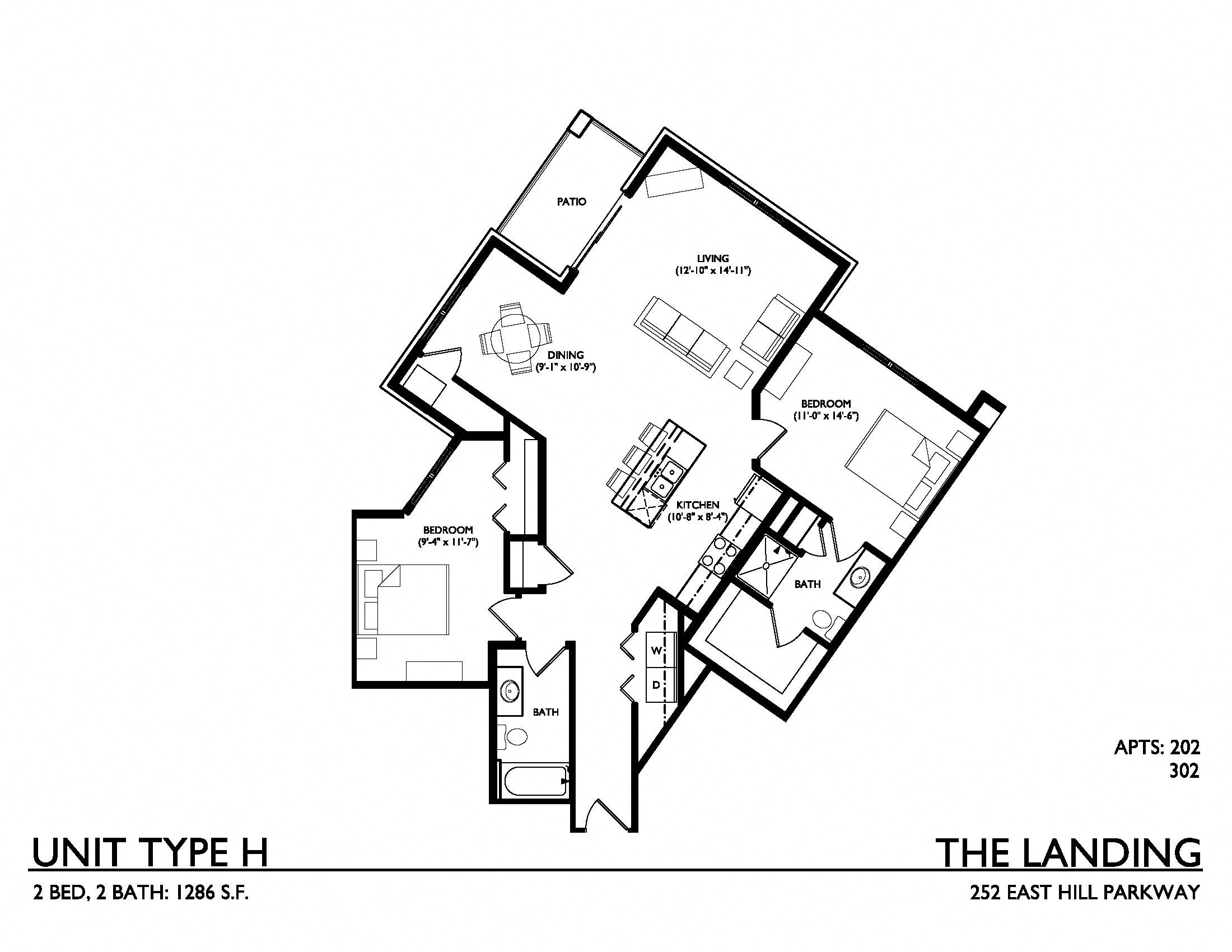 Floor plan for 2 beds, 2 baths, 1286 sqft